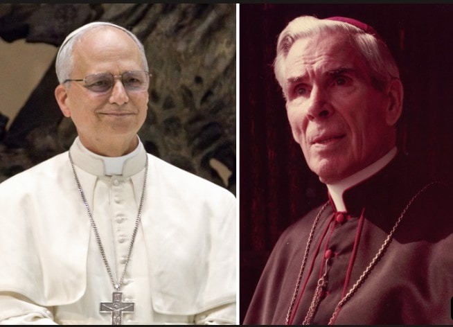 Pope Francis and Archbishop Fulton J. Sheen — the cause for canonization advanced under Pope Francis who declared Sheen Venerable in 2019.