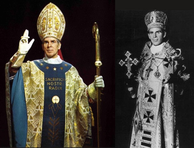 Archbishop Sheen in both Roman Catholic and Eastern Catholic vestments, reflecting his bi-ritual ministry.
